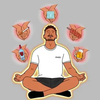 Imagem de uma pessoa meditando e resistindo a bebida, fumo, sexo e alimentos.
